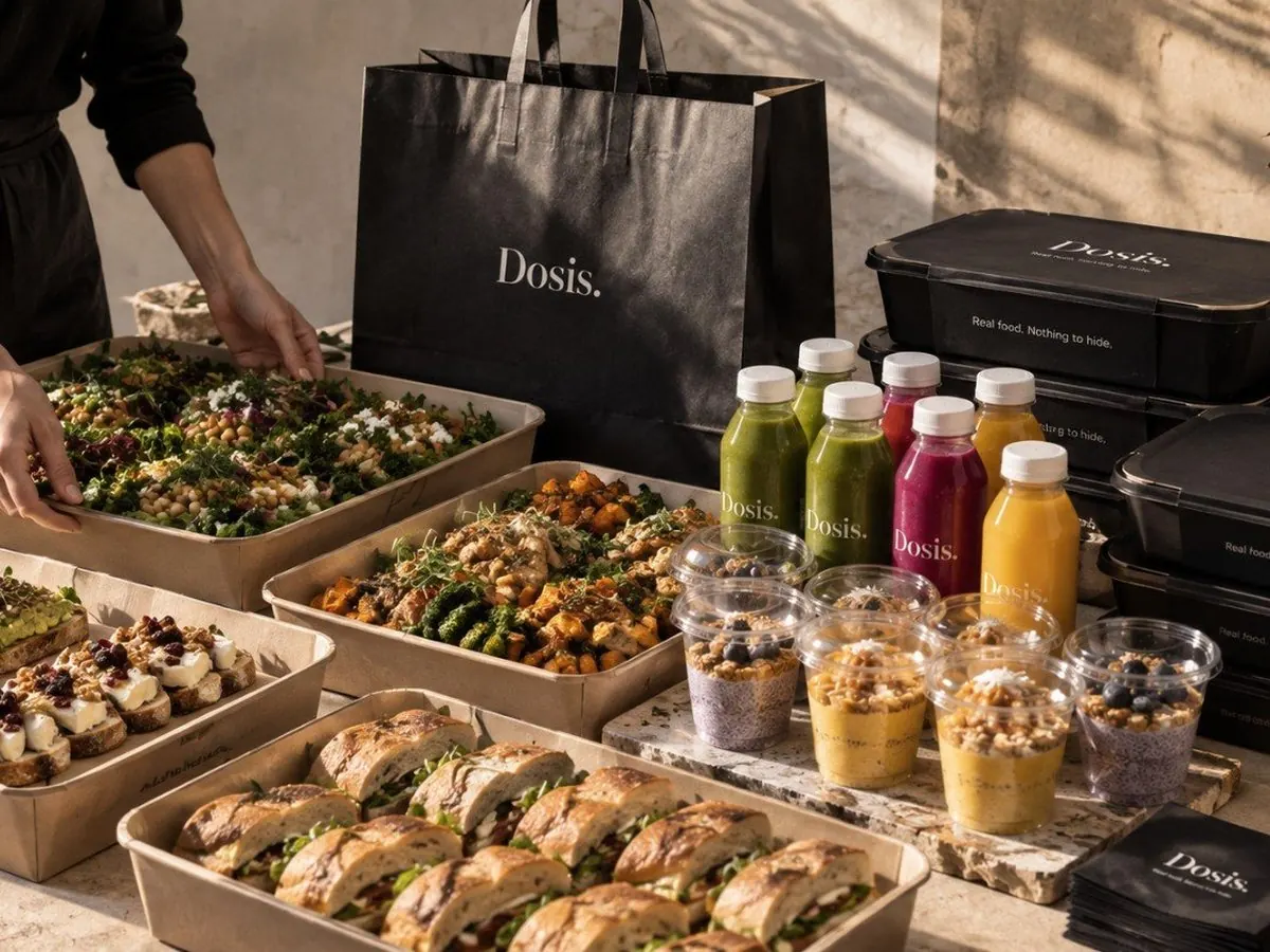 A catering table with trays of salads, toasts and sandwiches, bottled juices, yogurt cups and black Dosis. boxes and bag.