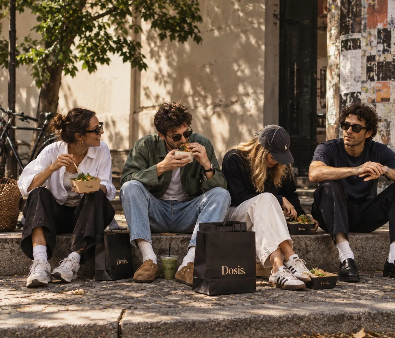 Four friends sitting on a stone step in Berlin, eating from Dosis. boxes, with black Dosis. bags at their feet.