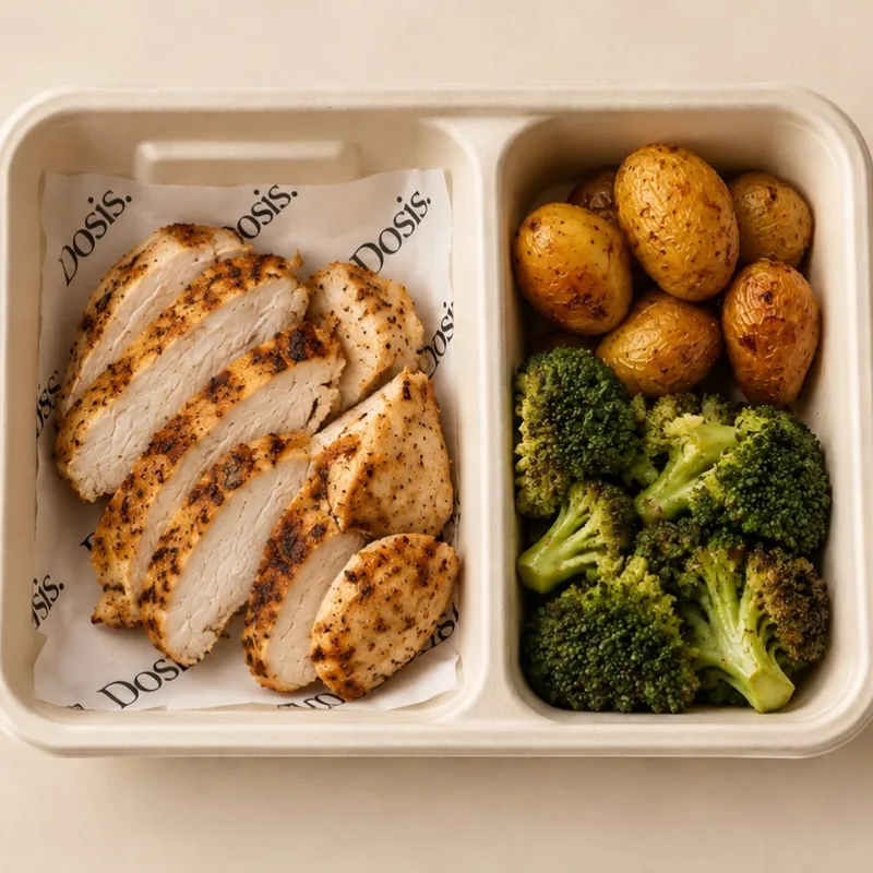 Sliced oven-roasted chicken, roasted potatoes and charred broccoli in a compostable Dosis tray.