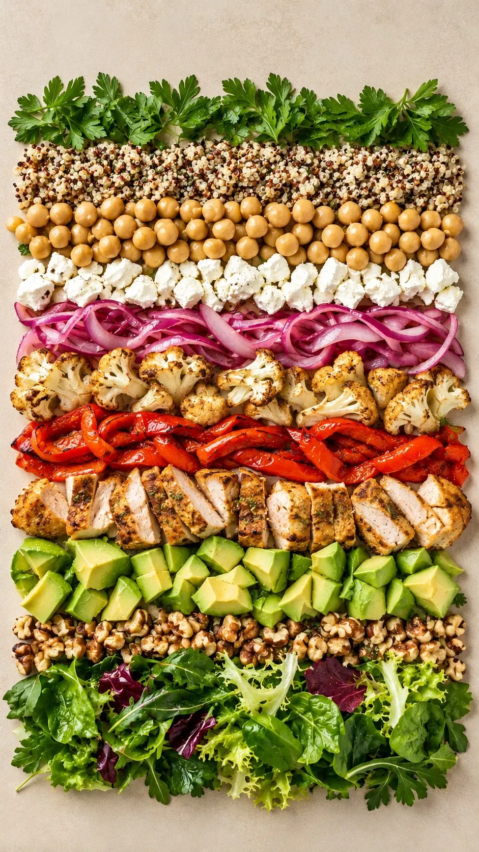 Overhead view of ingredients laid out in rows: parsley, quinoa, chickpeas, feta, pickled red onion, roasted cauliflower, red peppers, sliced chicken, avocado, walnuts and mixed leaves.