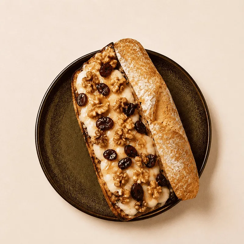 Open sandwich with melted goat cheese, walnuts, cranberries and honey on a dark plate.