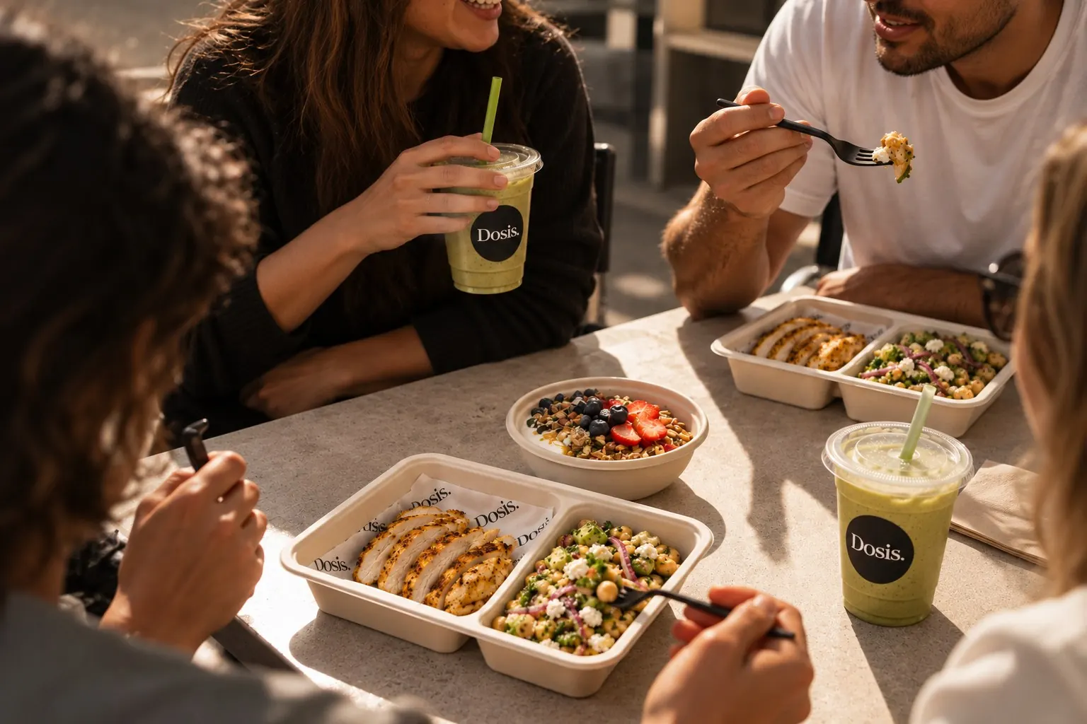Friends sharing lunch around a table: chicken and chickpea salad in Dosis. trays, a fruit bowl and green smoothies in cups with the Dosis. label.